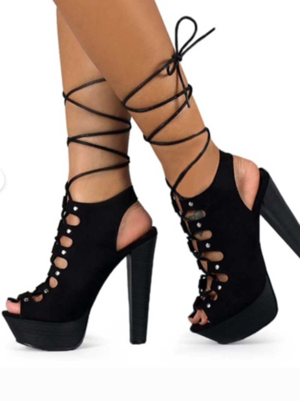 Breckelle ‘Betsey-15W’ Black Slingback Lace-Up Platform Heels